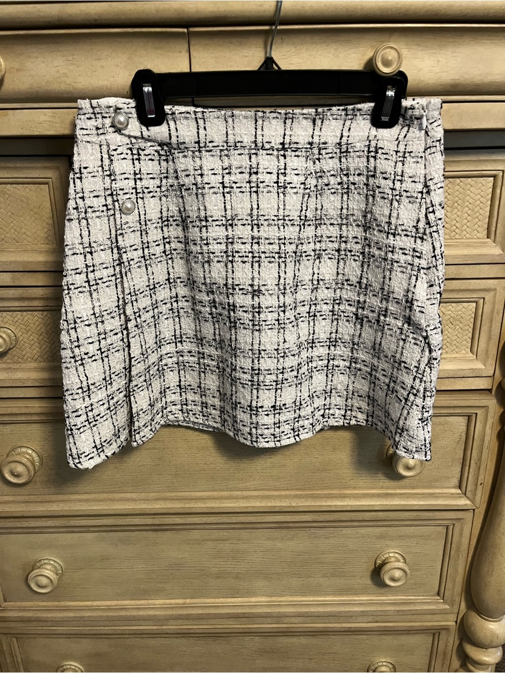 SHEIN White and Black Plaid Tweed Mini Skirt with Button Detail